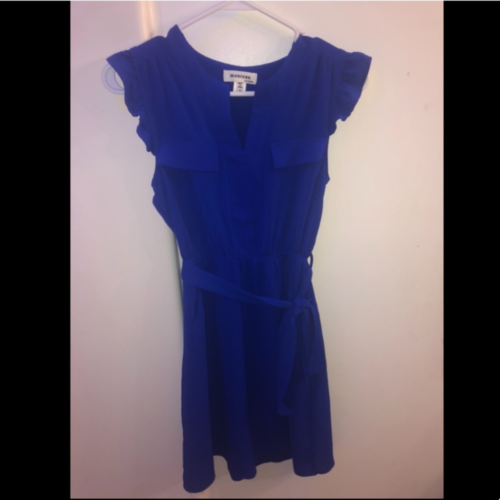 royal blue dress w belt and ruffled shoulders